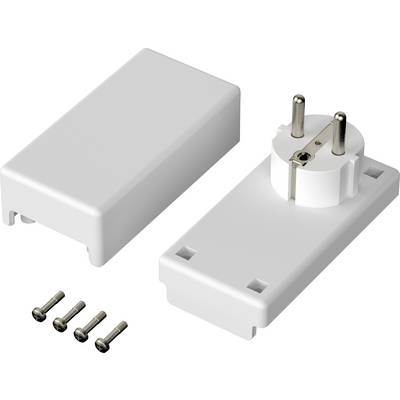 'Individual components of a white socket cover with a Schuko plug and four screws, shown separately.'