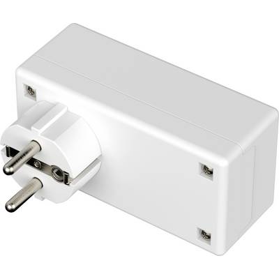 A white, rectangular adaptor plug with two metal pins.
