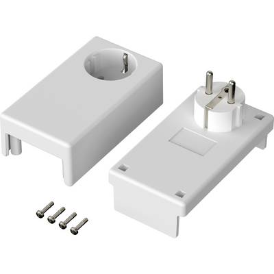 Two white socket adapters, one shown from above and one from below, with four accompanying screws on a white background.
