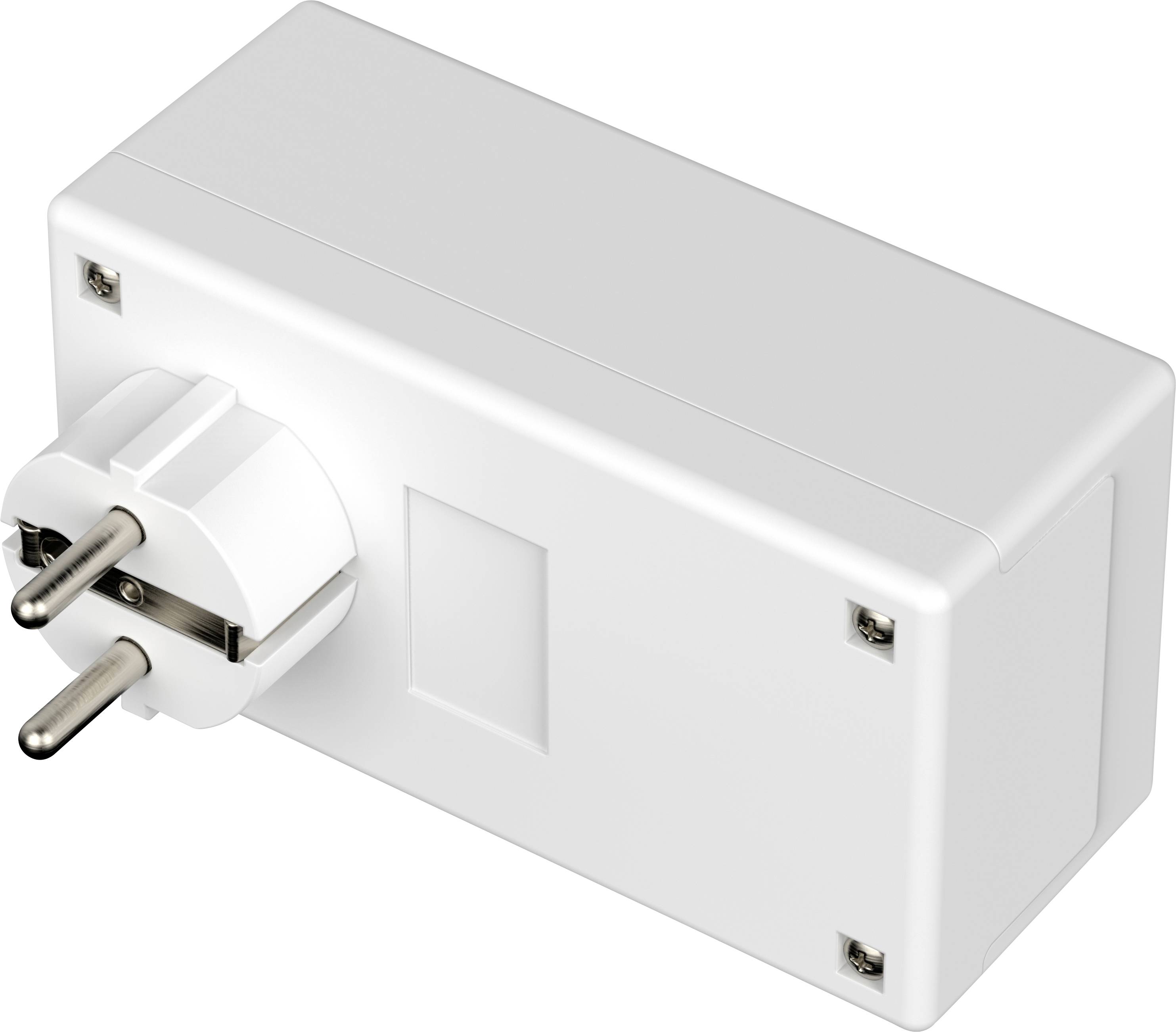 A white, rectangular adaptor plug with two round metal pins for a power socket, depicted from an angled perspective.