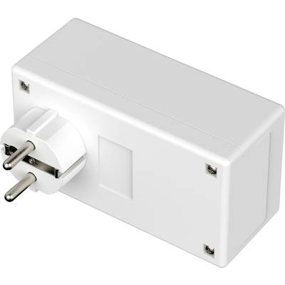 A white, rectangular adaptor plug with two round metal pins for a power socket, depicted from an angled perspective.