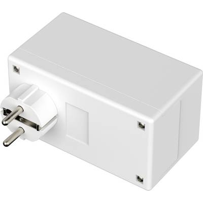 A white plug-in power adaptor with two pins for European power sockets.