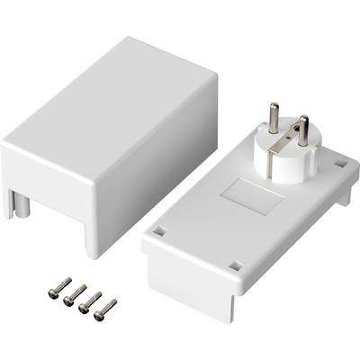 White plastic cover and socket element with screws, ready for installation, on white background.
