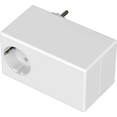 White power strip with a European plug shown at an angled view, revealing the outer casing and socket.