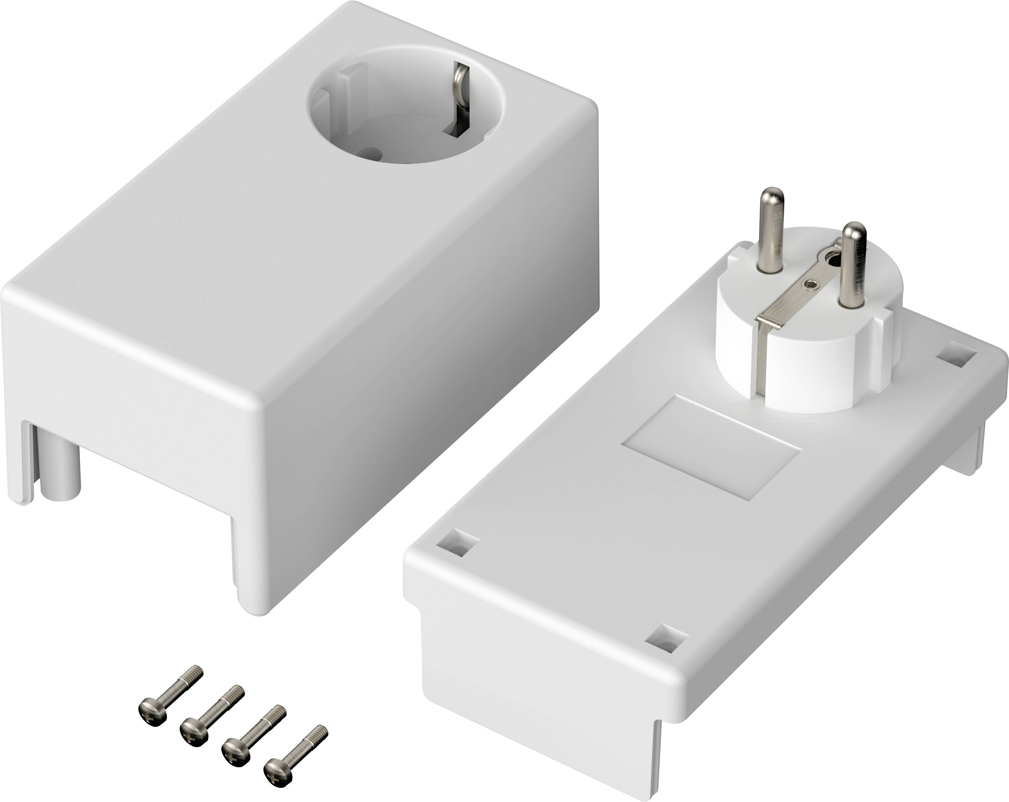 Two white plug adapter housings with integrated Schuko power sockets, alongside four small mounting screws.