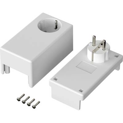 Two white plug adapter housings with integrated Schuko power sockets, alongside four small mounting screws.