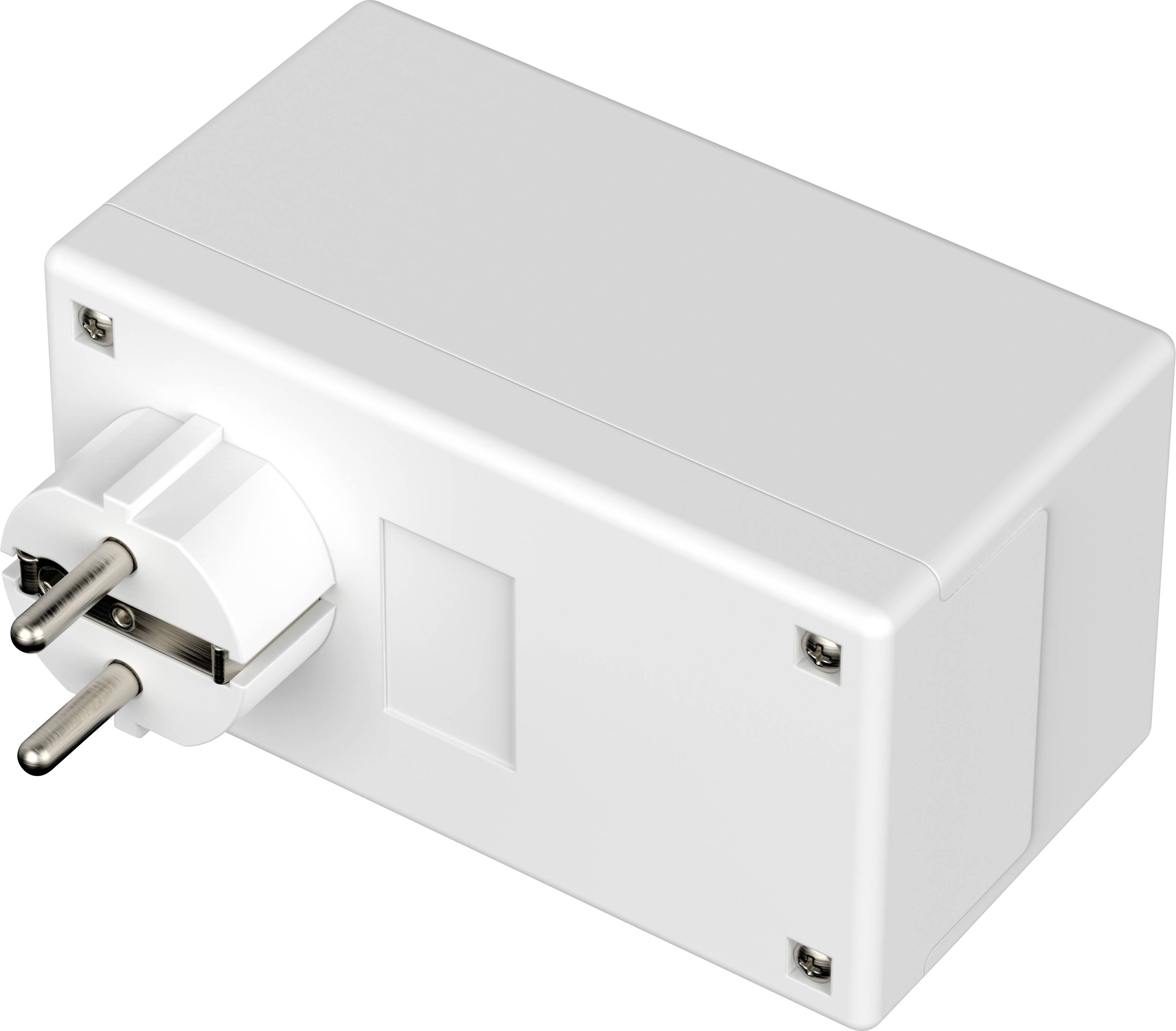 A white plug adapter with two round metal pins. It is rectangular and designed for connection to a power socket.