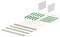 'Flat-pack furniture assembly components: beige and green wooden panels, screws, brackets, and joint connectors arranged systematically.'