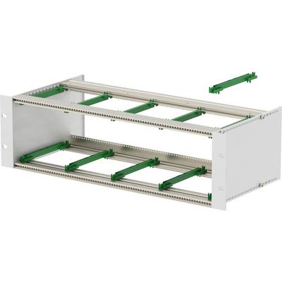 A metal rack enclosure with multiple green support brackets, one shown separately. Used for housing electronic equipment securely.