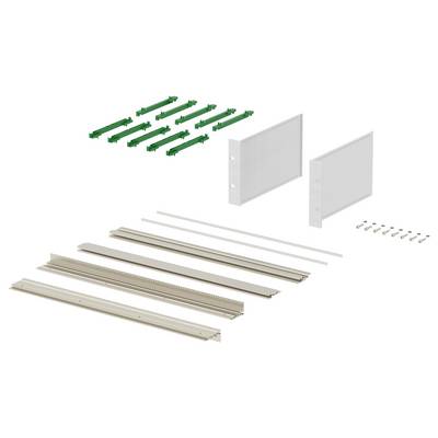 'Drawer assembly components include green connectors, side panels, frames, and screws, organized and displayed for setup.'
