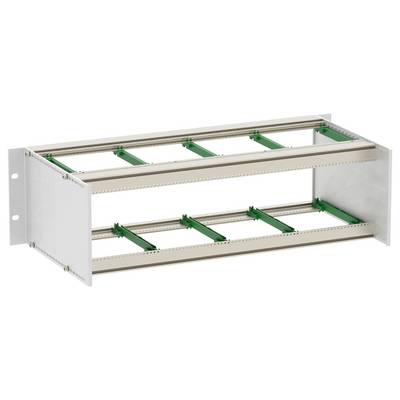 'A beige and green metal framework, featuring multiple horizontal rails, likely a structural component for equipment housing or support.'