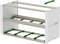 A white metal rack with three levels of green and silver railings, designed for mounting electronic or electrical equipment.