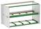 A metal rack with three tiers and green components, designed for mounting electronic or electrical equipment.