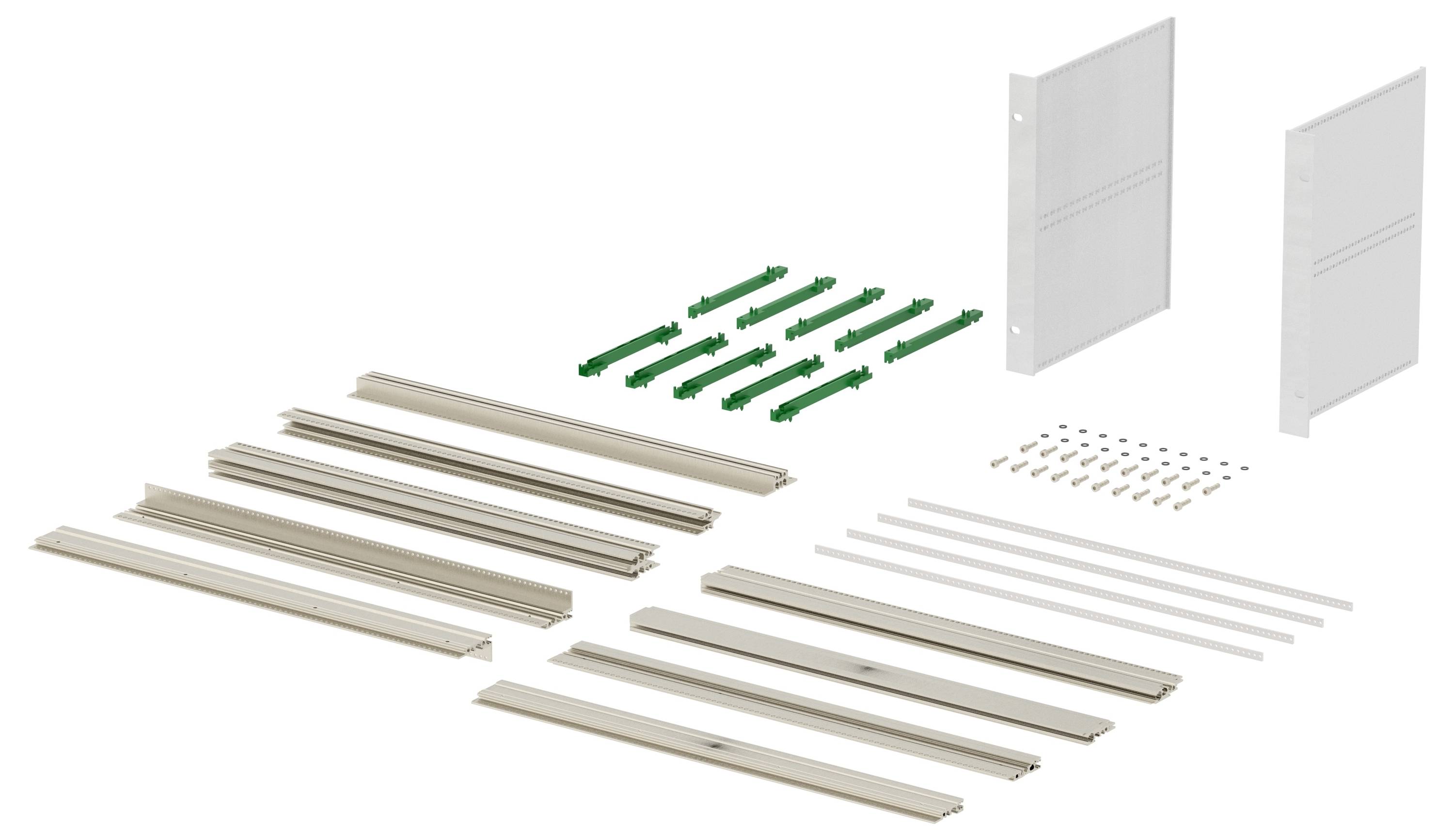 Components of a shelving unit, including side panels, metal supports, and screws, laid out for assembly.