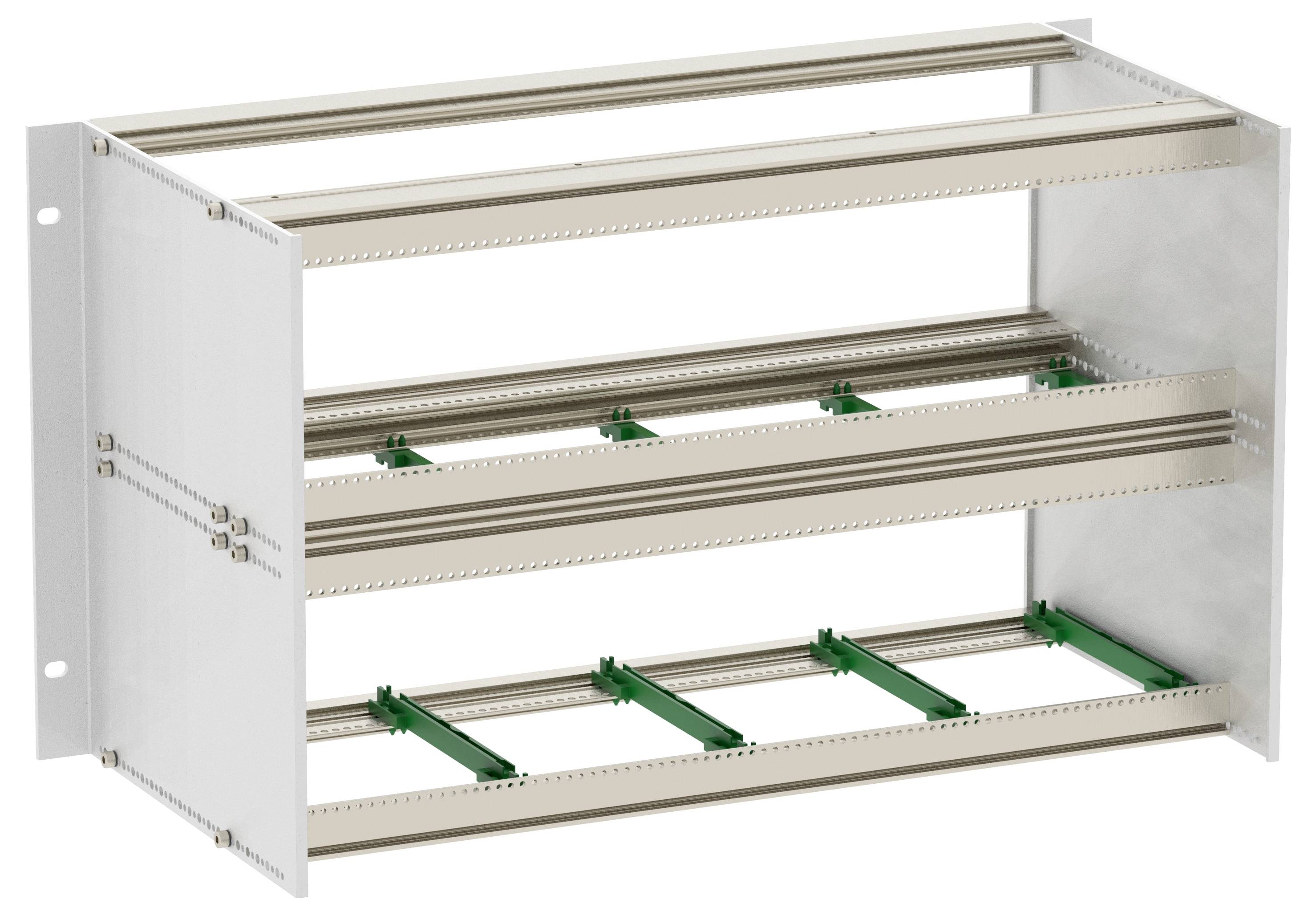A metallic rack structure with three horizontal levels, possibly for mounting electronic components, featuring green plastic supports.