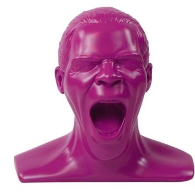 A pink sculpture of a human head with closed eyes, an open mouth, and an expressive pose; representation of emotion.