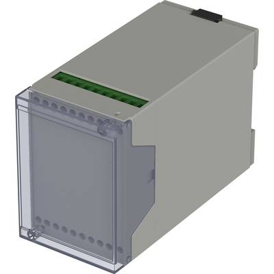 A grey electronics enclosure with a transparent, removable lid, suitable for mounting on a DIN rail.
