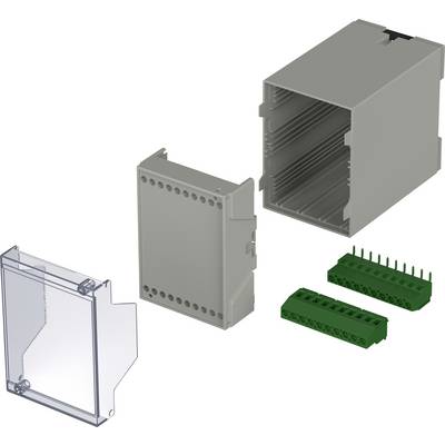 Housing kit with clear cover, grey centre section and two green clamps. Suitable for electronic or control applications.