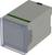 A grey, cuboid electronic device with a transparent plastic lid and a row of green connectors on top.