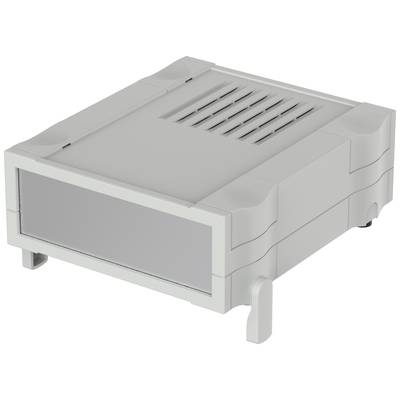 Grey-white, rectangular plastic housing with ventilation slots at the top and four short legs at the corners.
