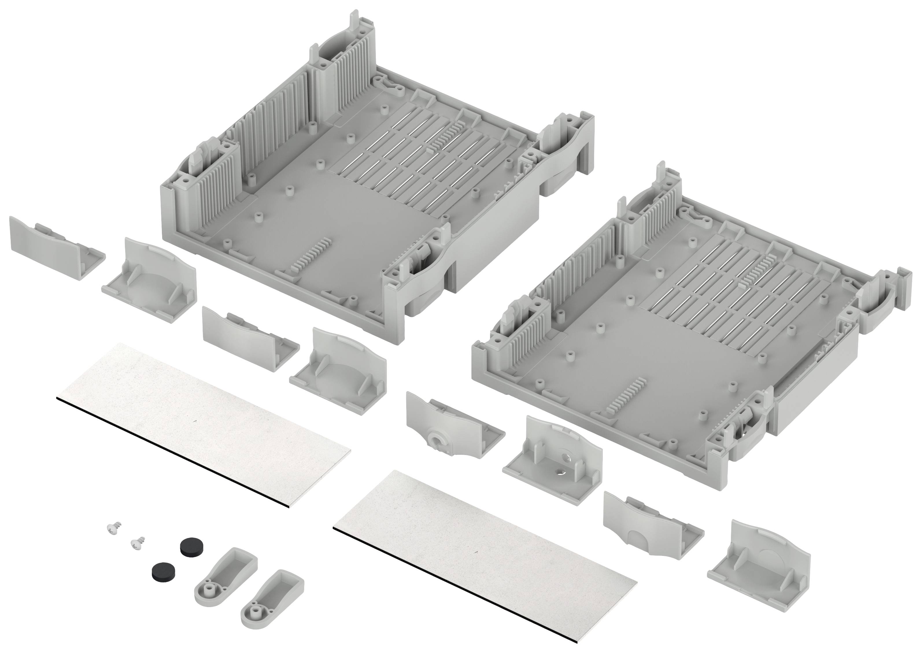 Grey plastic housing set with various components, including walls, brackets, and covers for mounting in electronic projects.