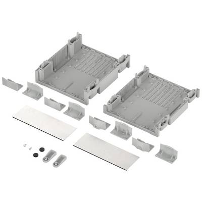 Grey plastic housing set with various components, including walls, brackets, and covers for mounting in electronic projects.