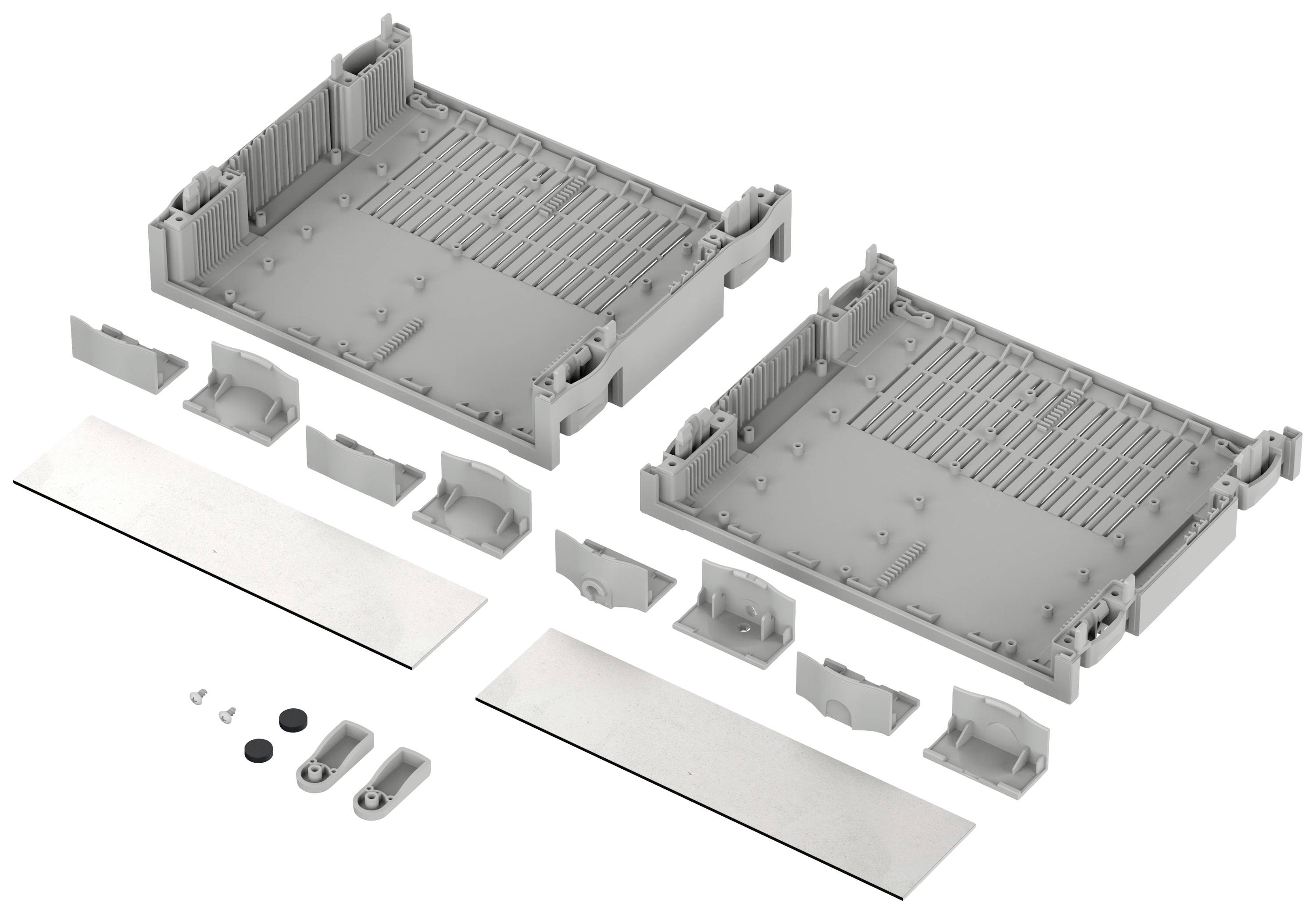 Two grey plastic enclosures with removable covers and mounting components, designed for electronic component assembly.