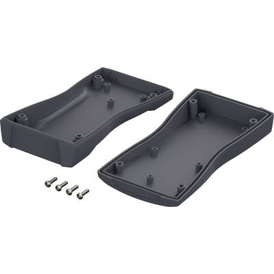 Two-part, black plastic enclosure with a curved design, exposed; four matching screws alongside.