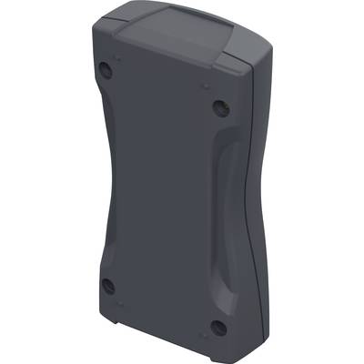 A rectangular, dark grey plastic enclosure with rounded edges and four visible screw holes, rear view.