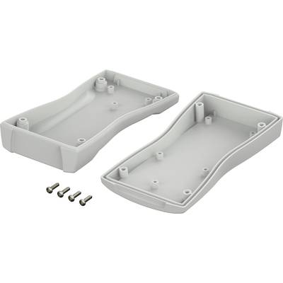 Plastic enclosure in two parts with four screws alongside, suitable for assembling electronic devices.