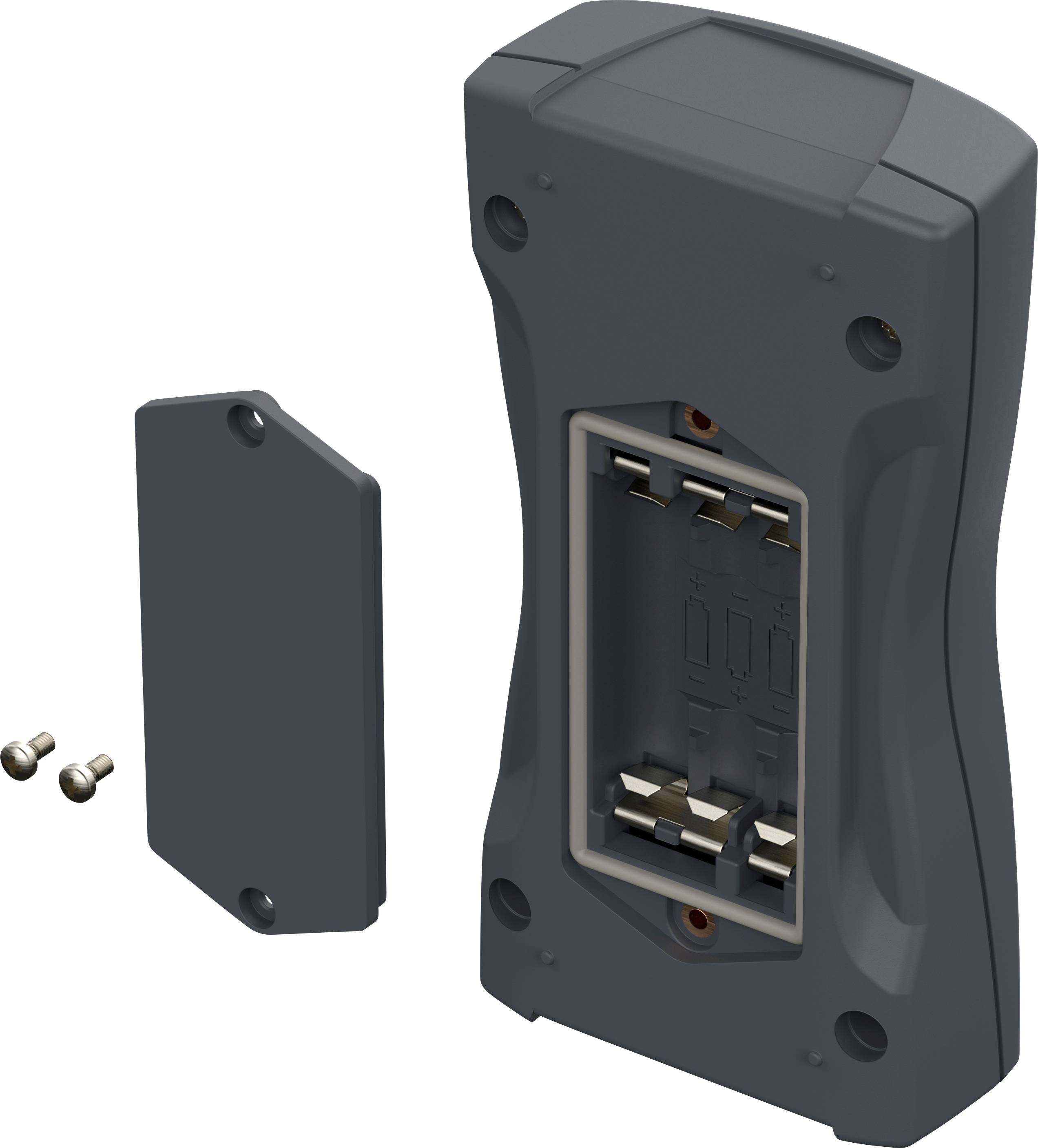 Housing of an electrical component with an open battery compartment. Beside it lie a cover and two screws.