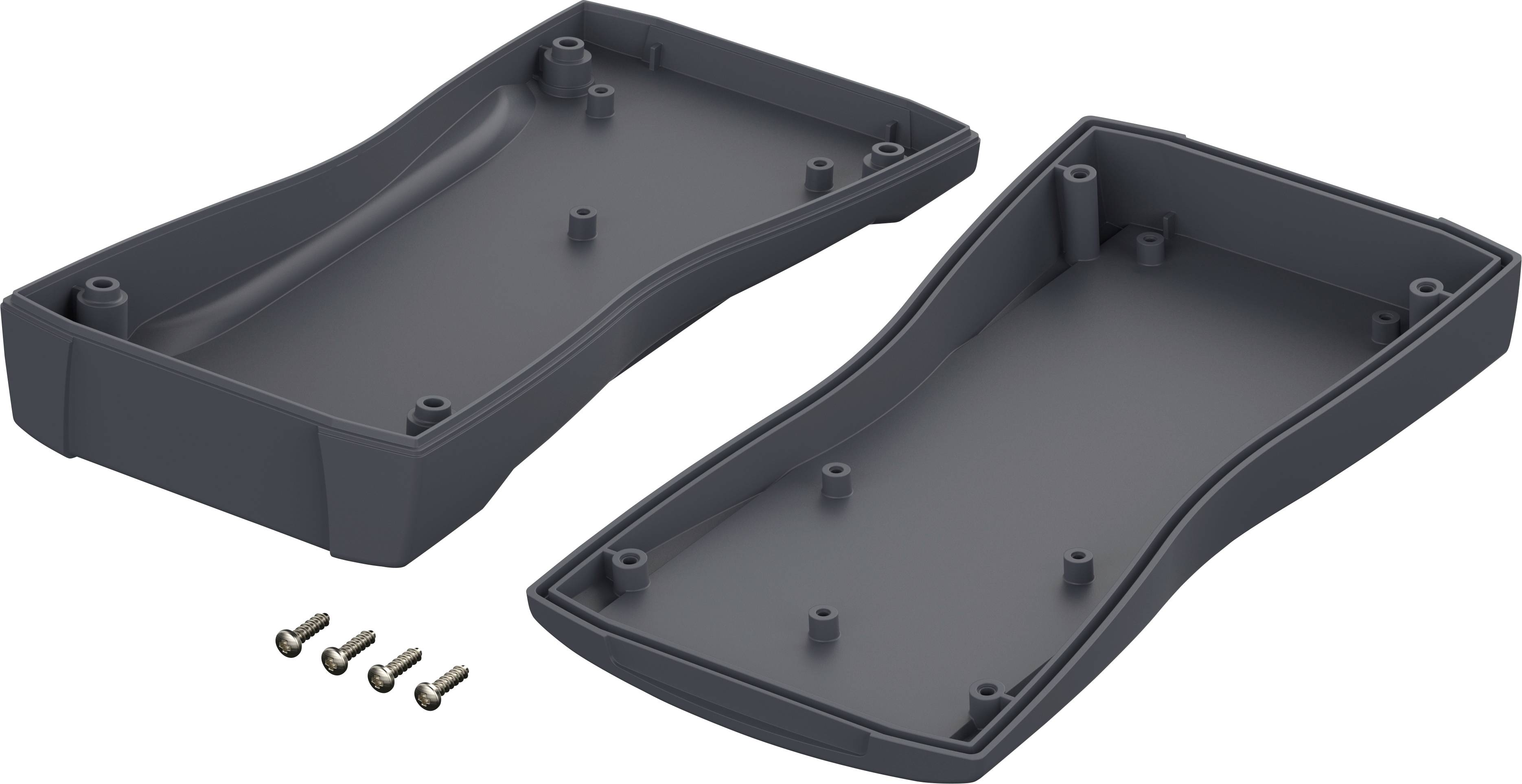 Housing for an electronic device, two-part and opened, with four screws.