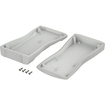Grey, two-part plastic casing with four screws. Housing halves are open and reveal the internal structure for assembly.