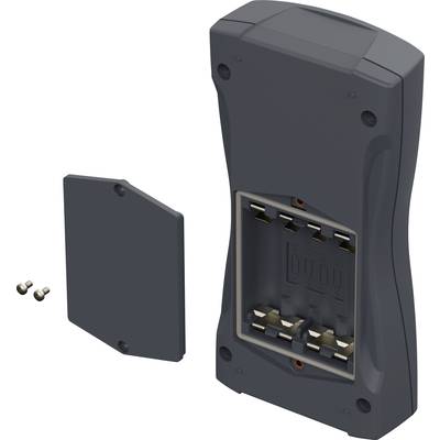 Back of a device showing an open battery compartment with four empty battery slots, a removed cover, and two small screws.