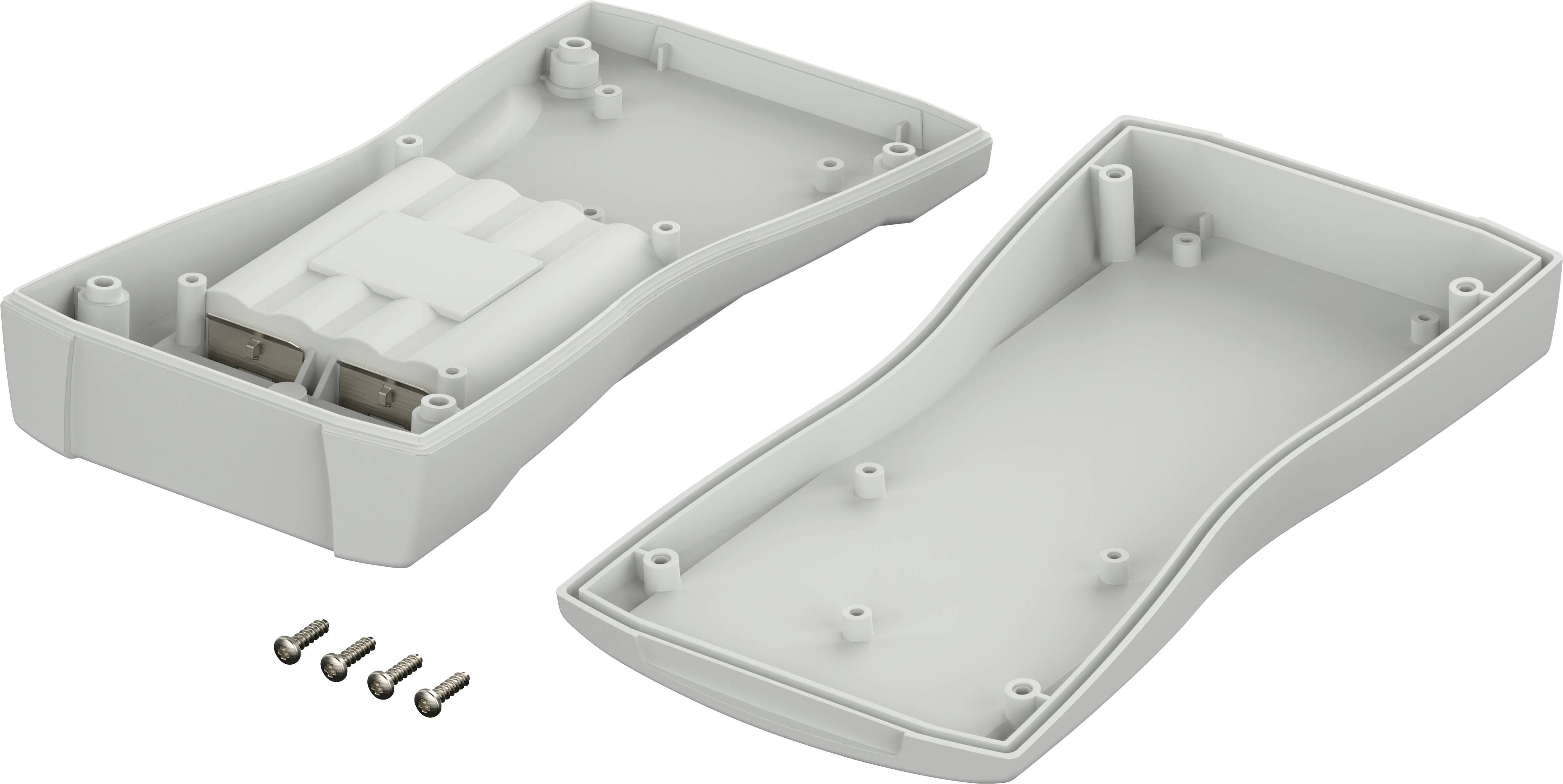 Plastic casing in two halves, opened, with four screws beside it.