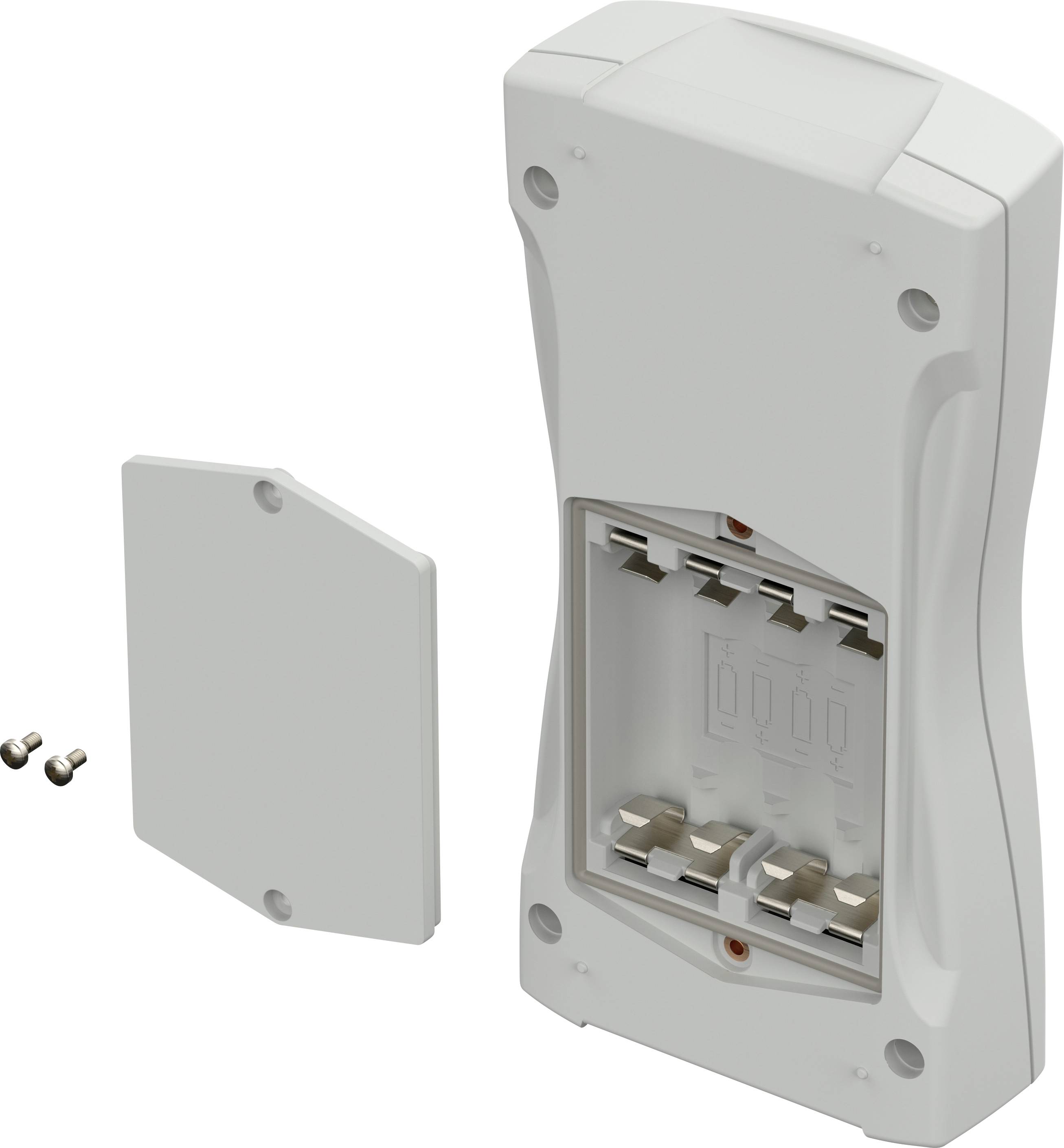Battery compartment of a white electronic device with a removable lid and two screws.