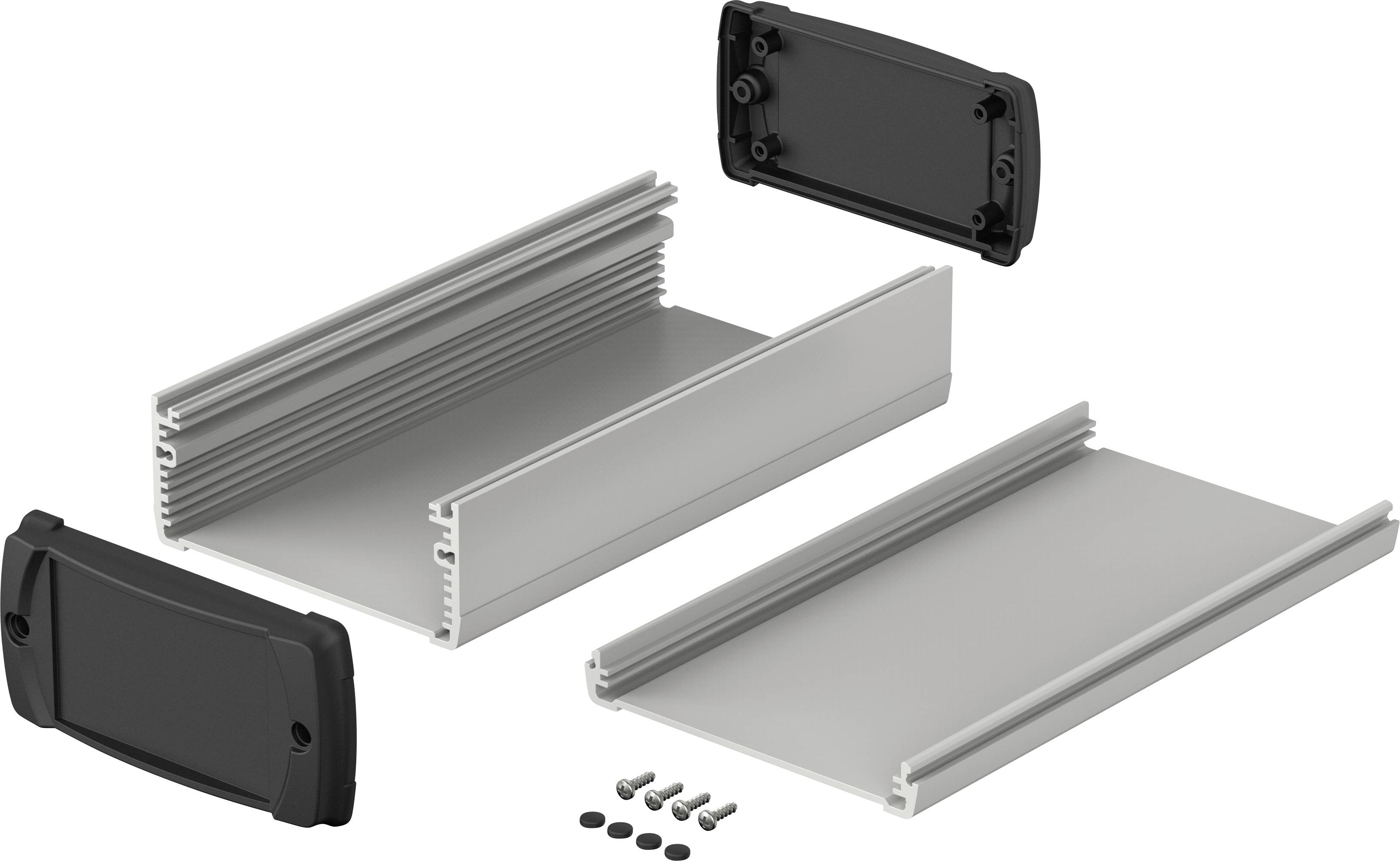 A disassembled aluminium enclosure with two end caps and screws. The parts are intended for assembling an electronic housing.
