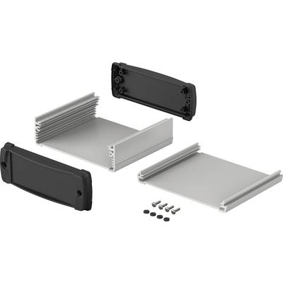 Electronic enclosure kit with aluminium housing, black end caps and screws, shown separately.