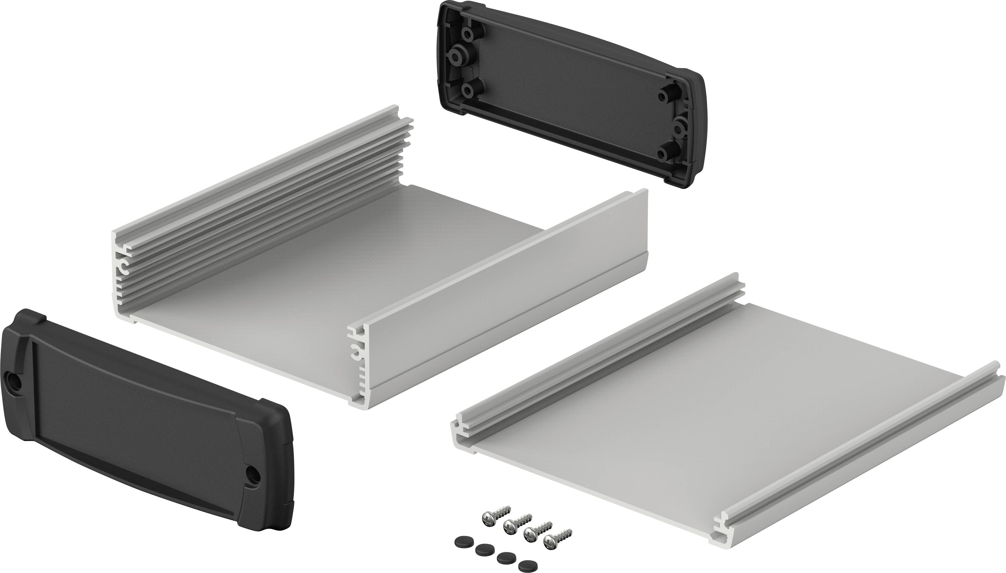 Metal enclosure kit in individual parts: grey enclosure, black end caps, screws and washers. Suitable for electronics.