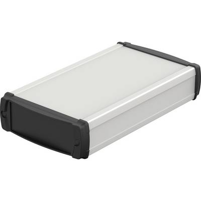 Grey rectangular enclosure with black end caps, suitable for electronic devices.