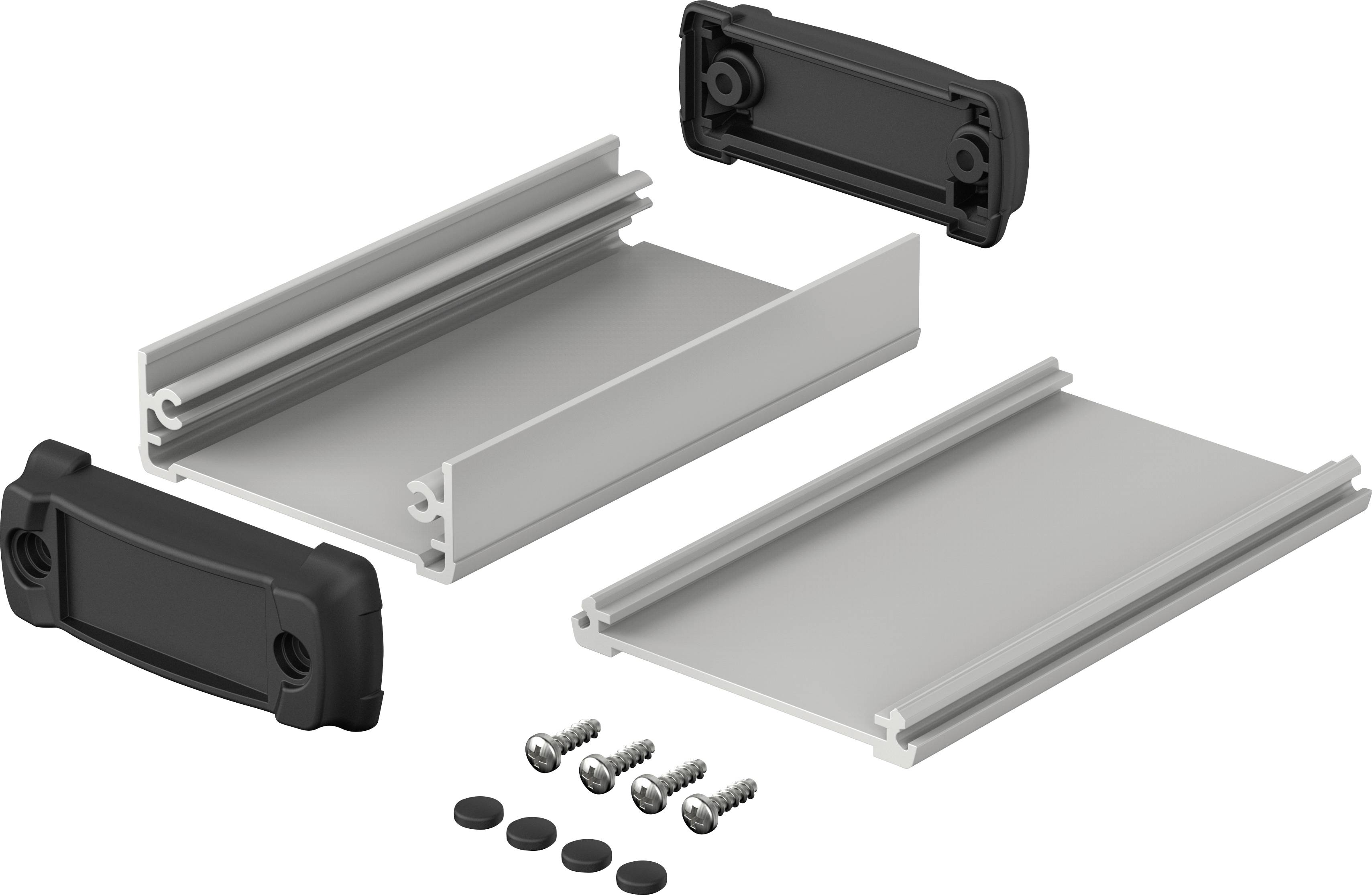 Silver and black electronic enclosure kit, comprising two side rails, top plate, mounting feet, and screws.