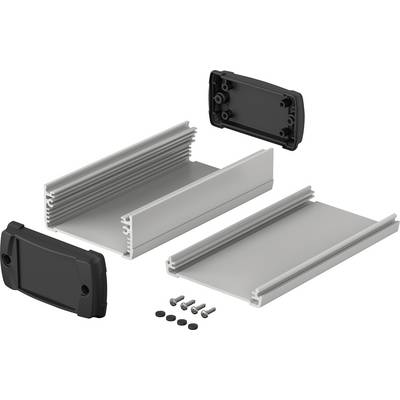 Aluminium enclosure kit in individual parts, comprising two black covers, screws, and sealing gaskets. Suitable for electronic component assembly.