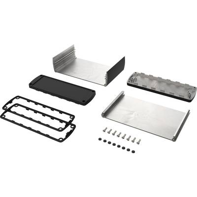 'Exploded view of an enclosure assembly kit: Two metal plates, plastic covers, seals, screws and screw caps.'