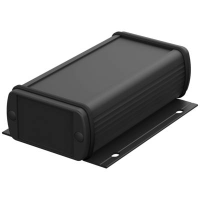 Black rectangular electronics enclosure with rounded corners and mounting plate, suitable for installing electronic components.