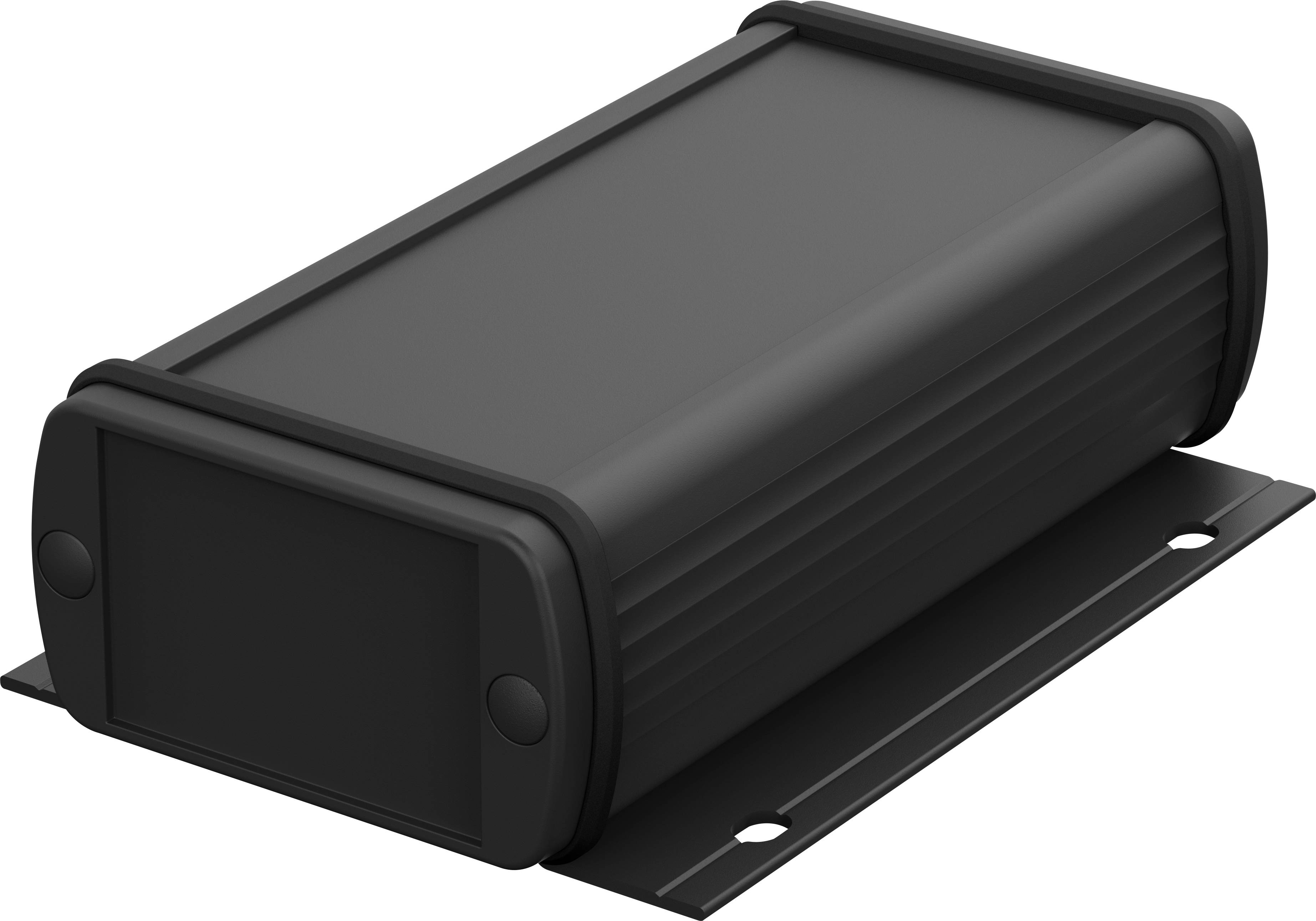 Black, rectangular electronic device in a housing mounted on a bracket.