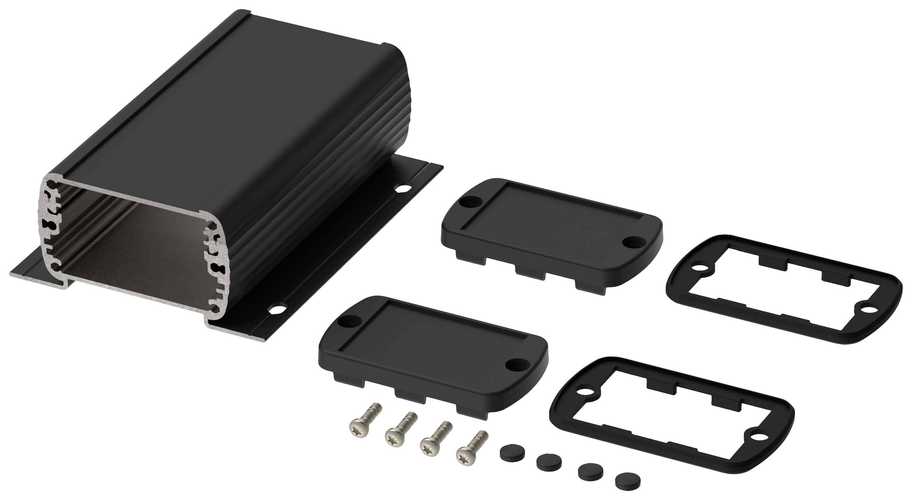 Black rectangular metal enclosure with removable end caps, screws, and seals, suitable for electronic components.