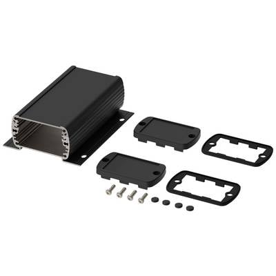 Black rectangular metal enclosure with removable end caps, screws, and seals, suitable for electronic components.