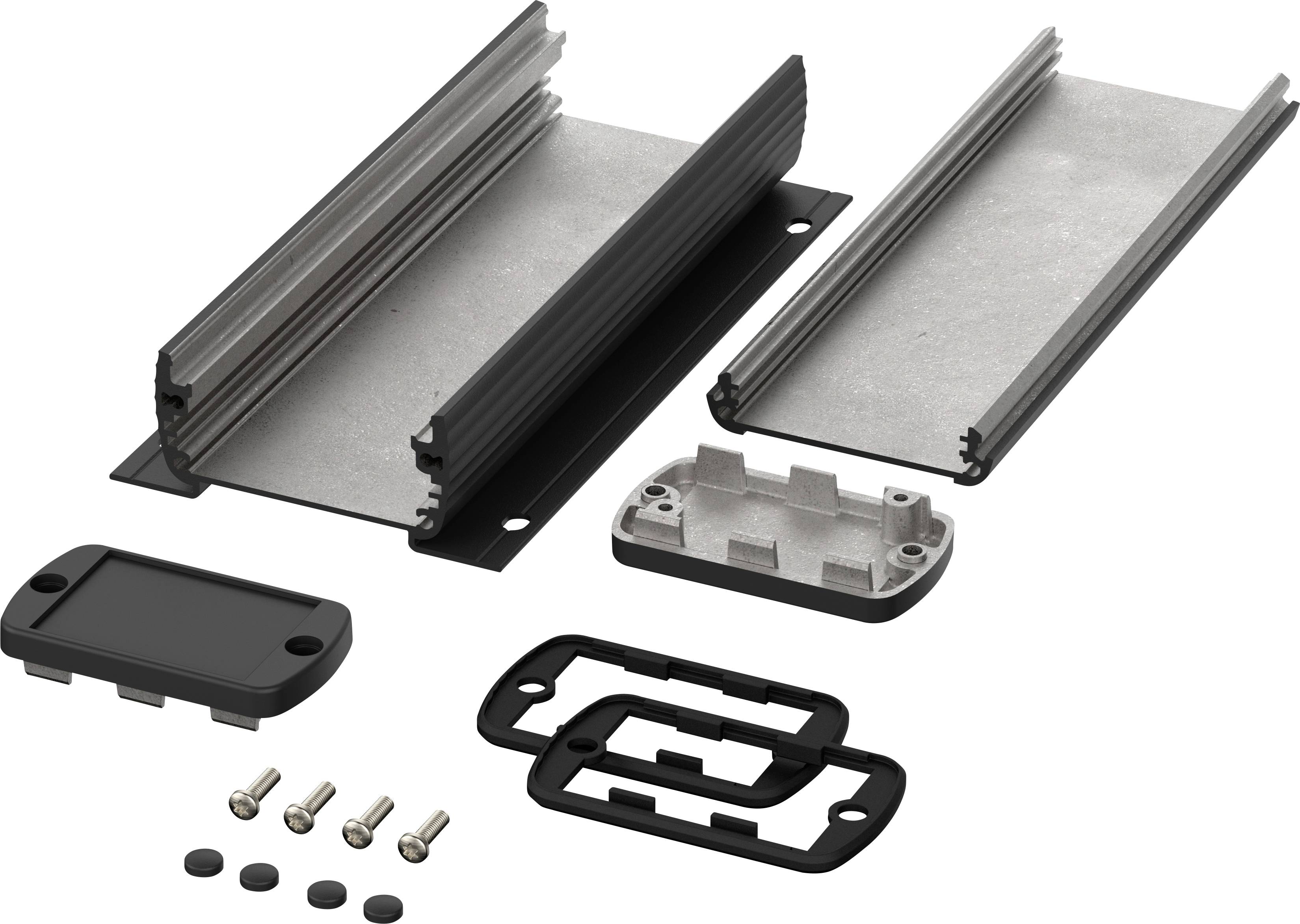 Metal and plastic housing components, including screws, seals and covers, arranged as individual parts.