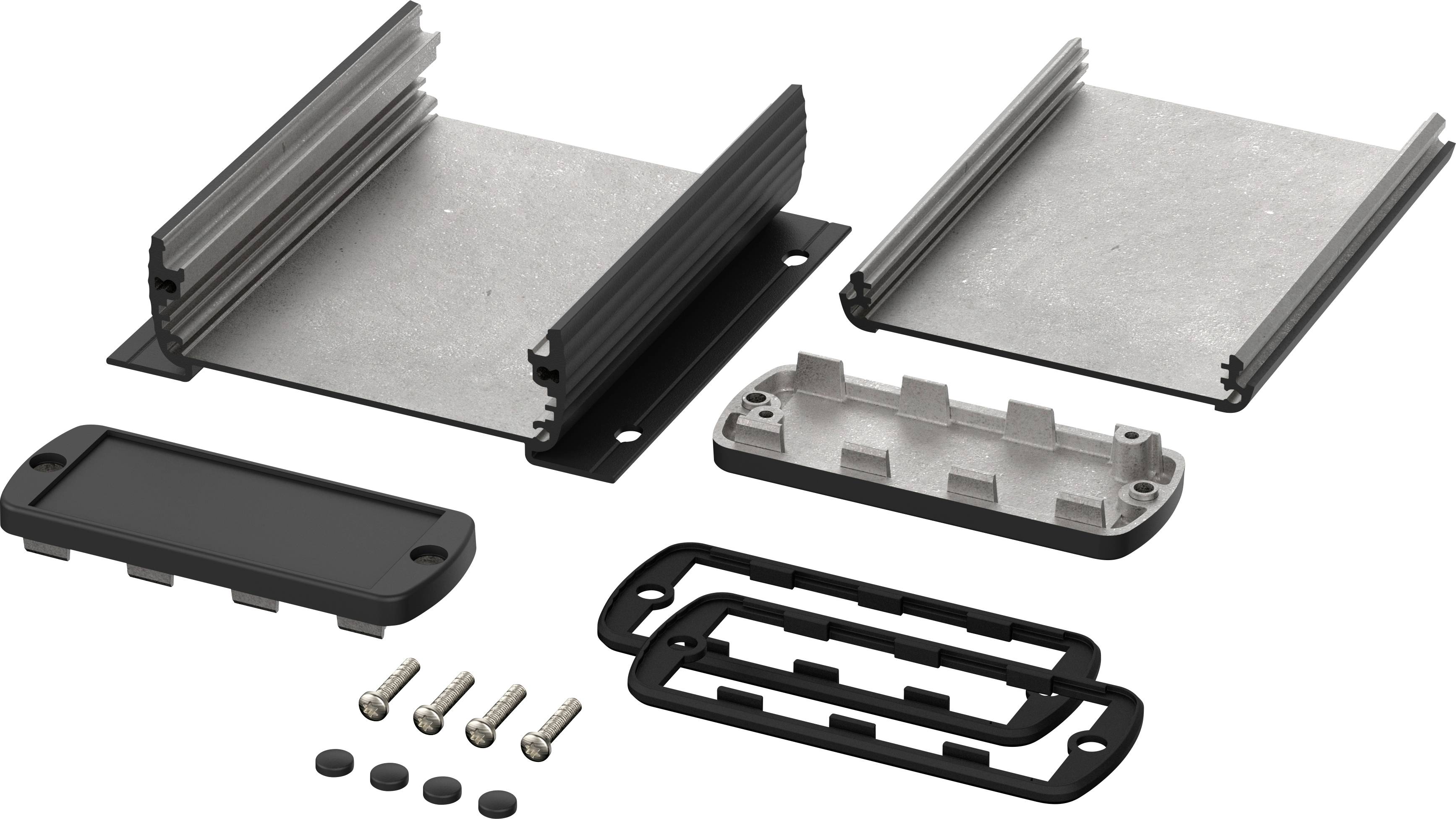 Metal enclosure kit consisting of two profiles, base plate, lid, end covers, screws and seals.