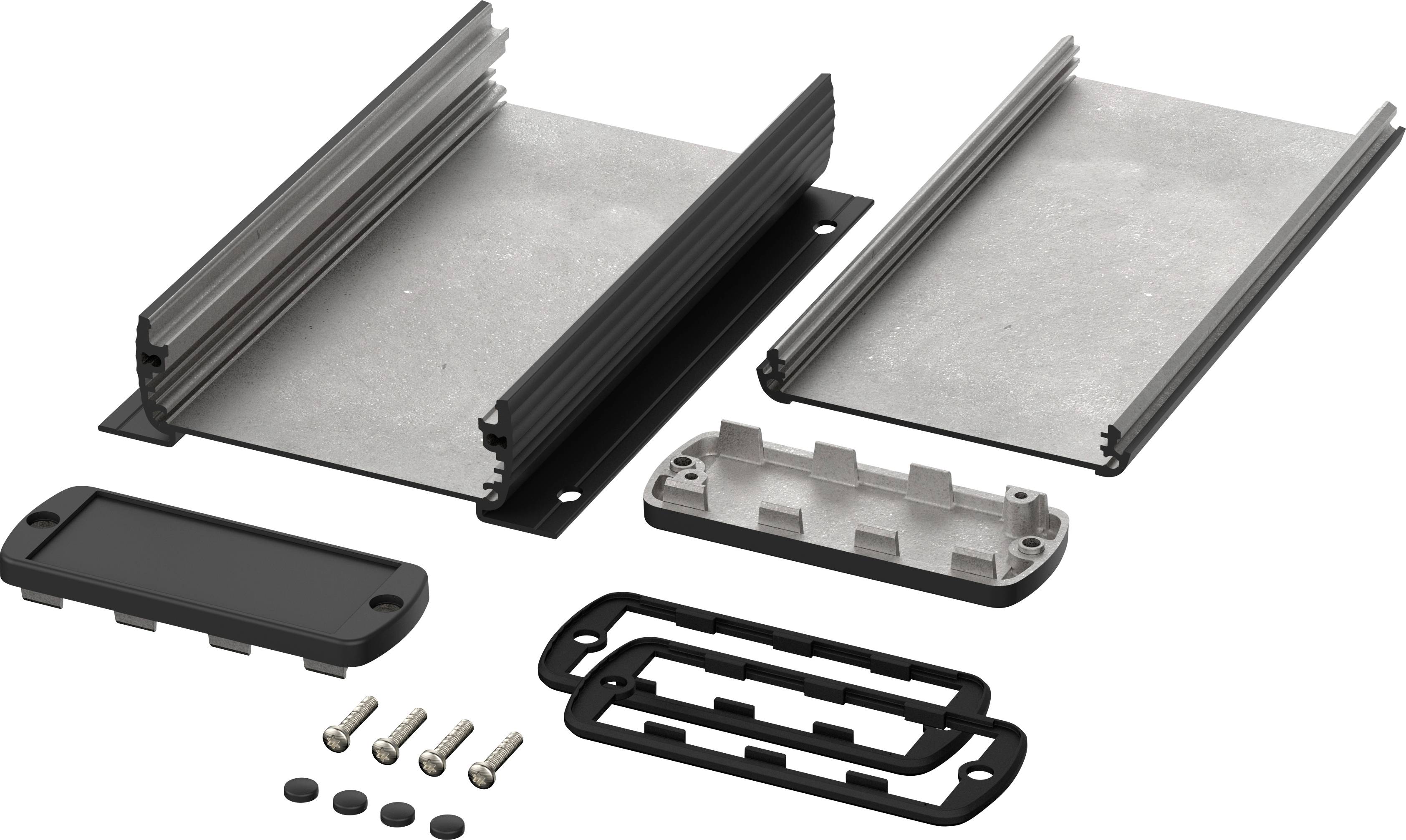 Metallic housing and mounting kit comprises two plates, side aluminium profiles, screws and seals, arranged and sorted.